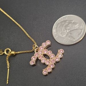 CHANEL Double C Pendant Necklace Pink Stones. 18k PVD Box Chain ( SS)